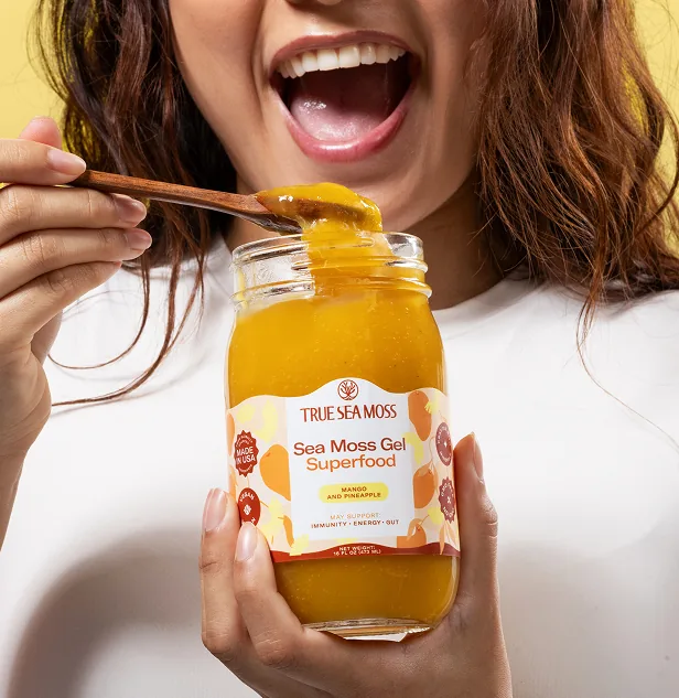 True Sea Moss gel jar with fresh fruit and sea moss benefits